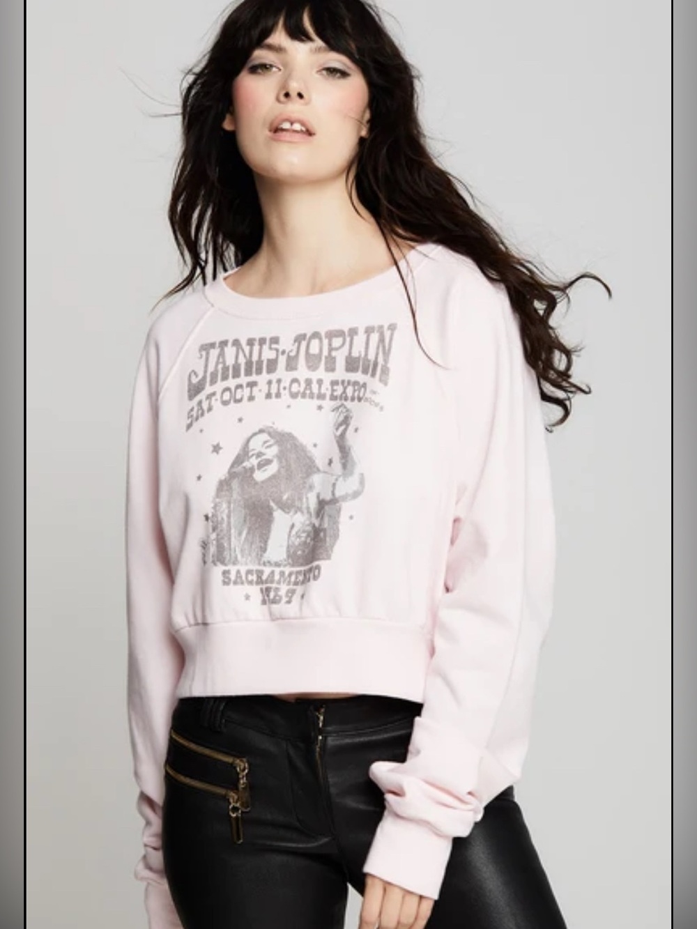 Recycled Karma Pale Pink Janis Joplin Graphic Cropped Sweatshirt